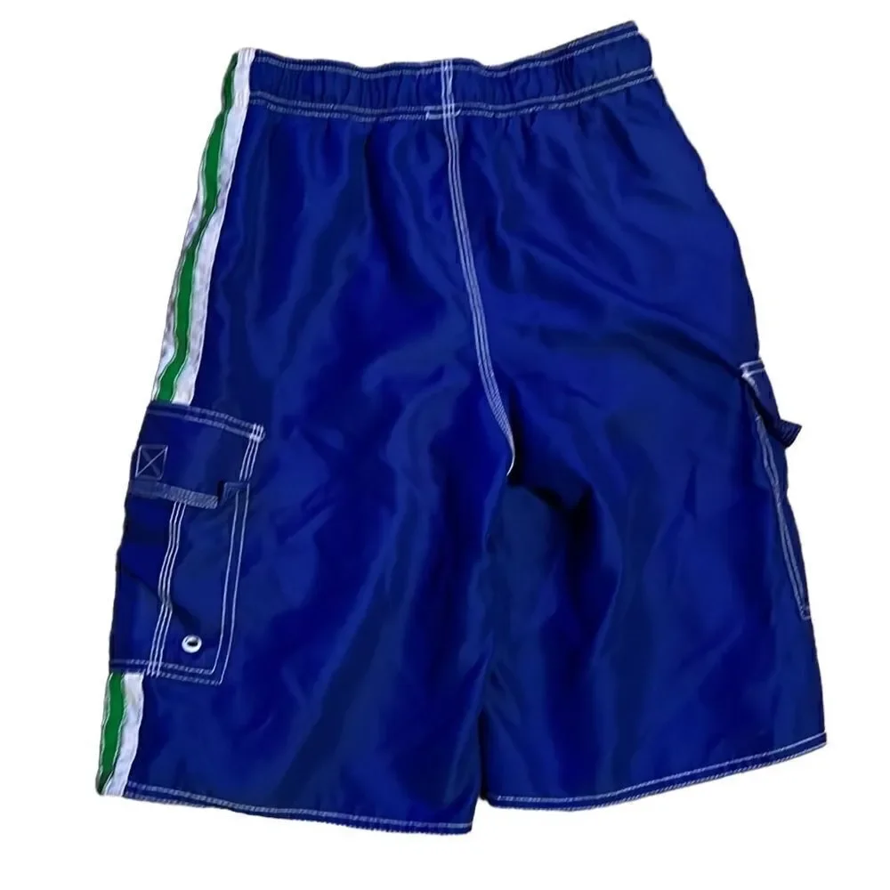 Old Navy Boys Large 10-12 Dark Royal Blue Green White Side Stripe Swim Trunks
